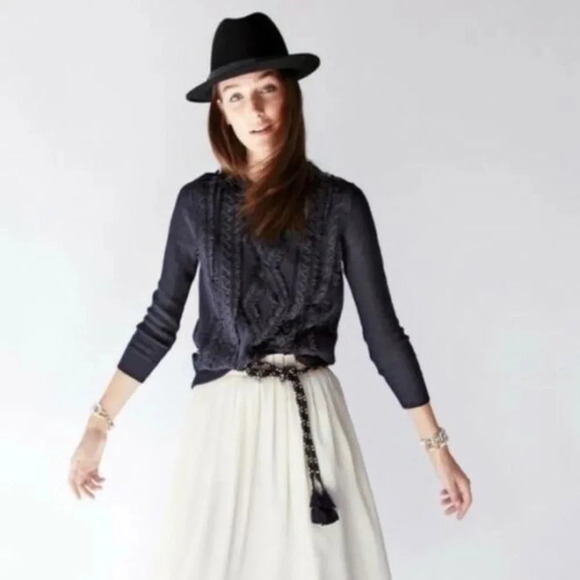 J.Crew Navy Blue Cable Crewneck Fringe Sweater - Picture 1 of 5